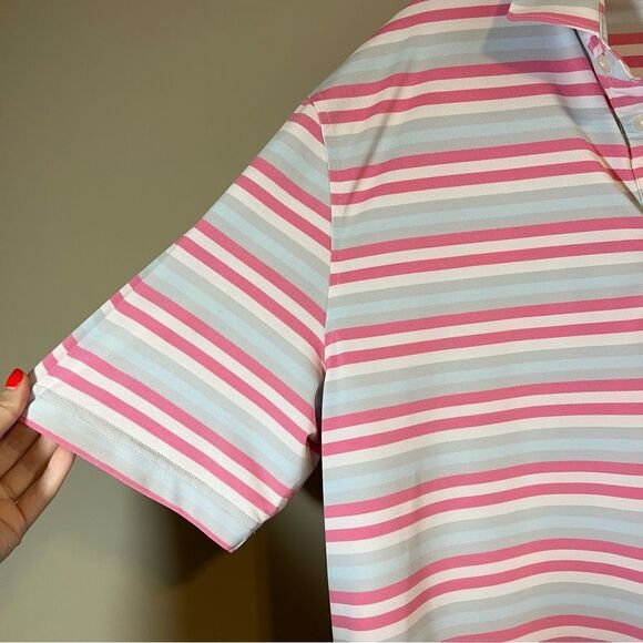 ✨ Johnnie-O Pink Blue Striped Short Sleeve Polo Men’s Large Golf - Picture 4 of 11